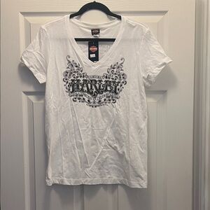 Harley-Davidson White V-Neck Tee with Black Ornate Logo